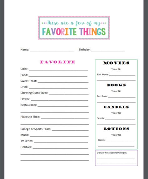 My Favorite Things List Free Printable
